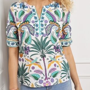 Talbots Multicolor Bird and Palm Print Cotton Blouse Size 3X